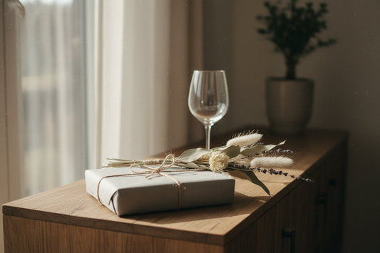 Wrapped gift beside dried flowers on a sideboard