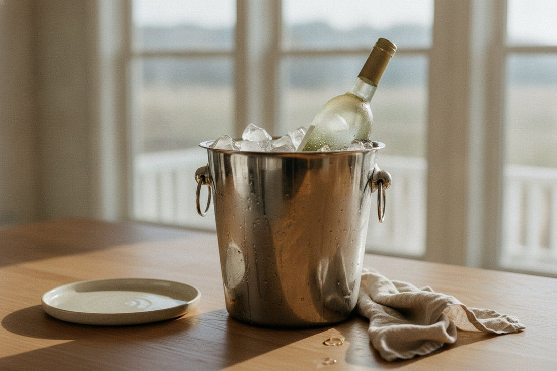 White wine chilling in an ice bucket on the kitchen table
