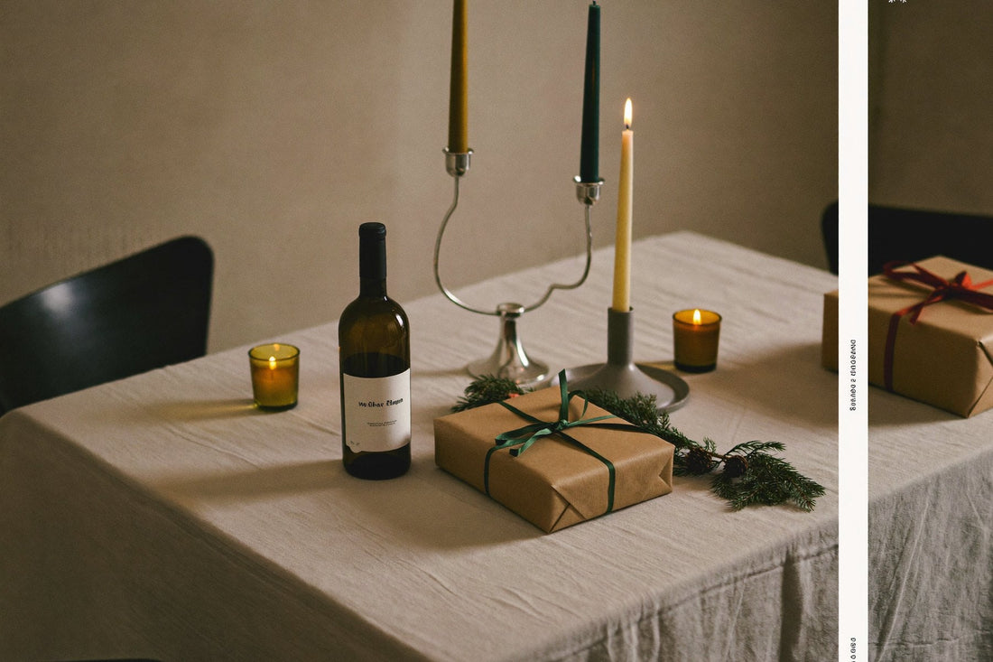 Laid table with candles, a bottle of wine and wrapped gifts