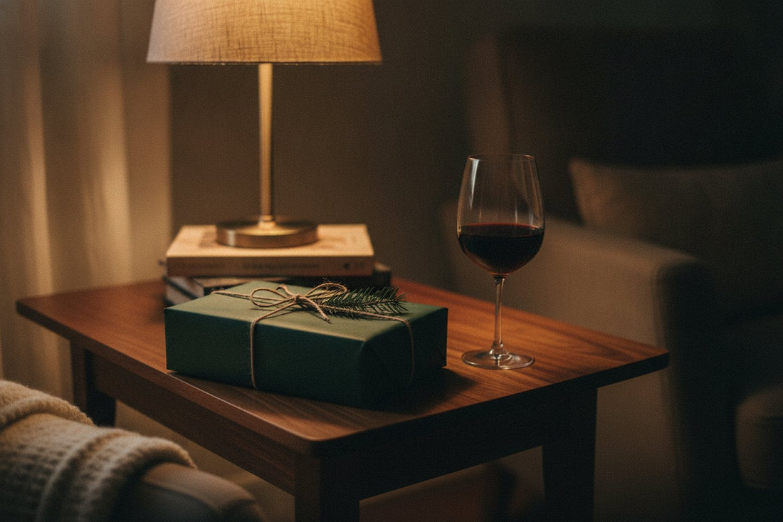 Gift wrapped in green paper beside a glass of red wine