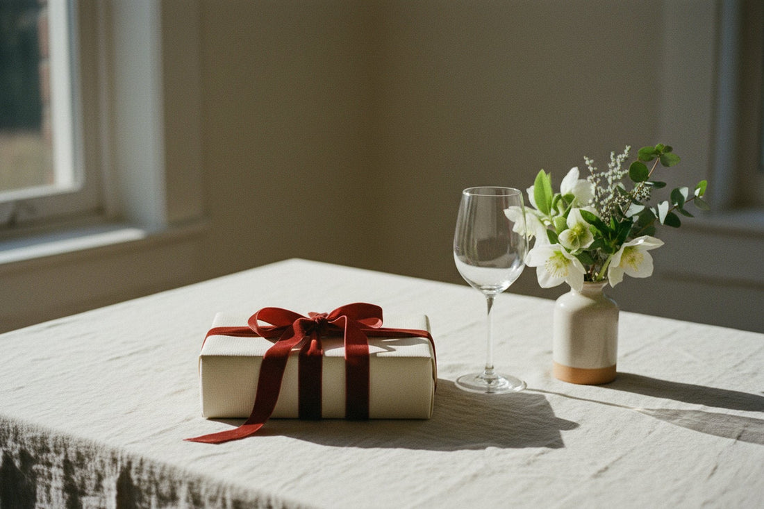 Gift with a red ribbon beside a wine glass and white flowers
