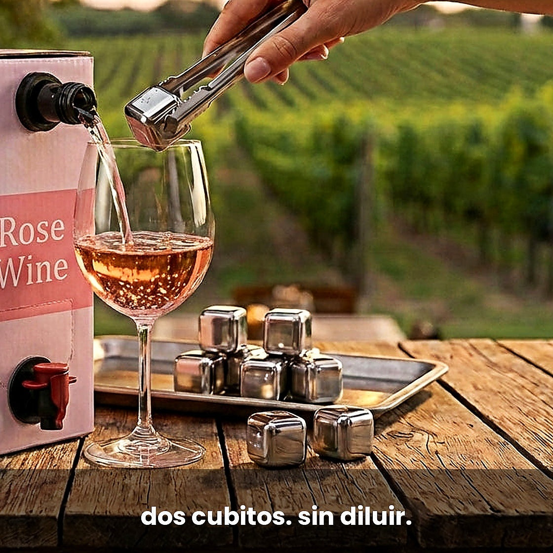 Steel cubes going into a glass of rosé, no dilution