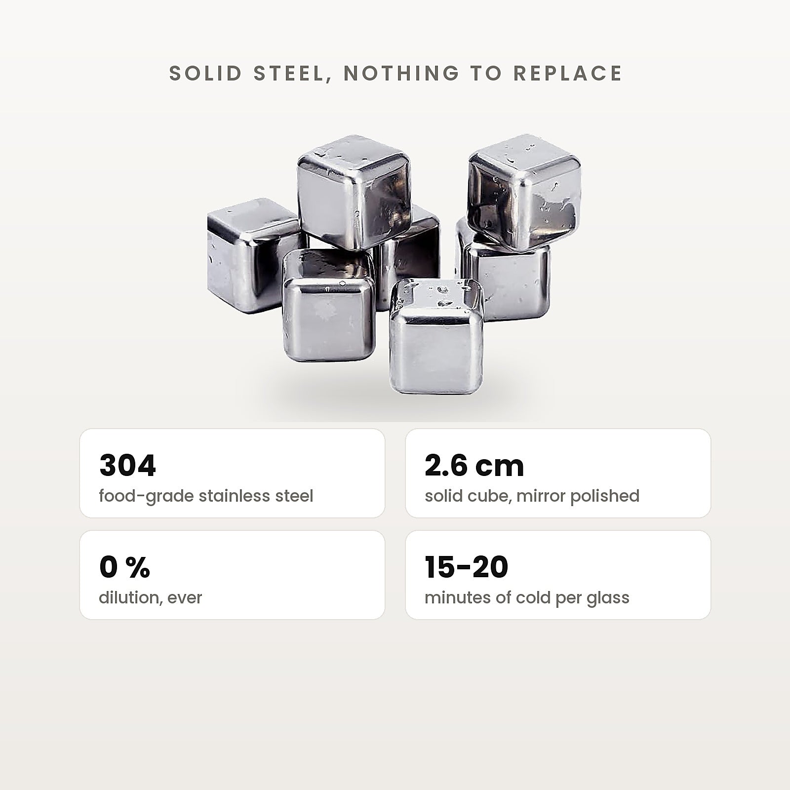 Food-grade 304 steel, 2.6 cm solid cube