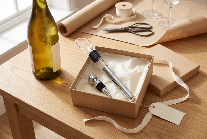 Two complete kits: the steel cooling rod, the aerating pour spout and the stopper, in the kraft gift box.
